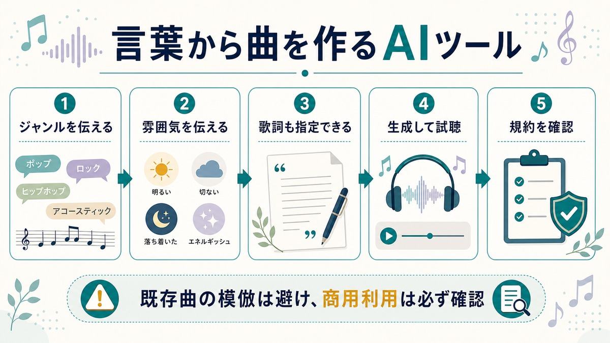 Suno初心者ガイド「言葉から曲を作るAIツール」として、ジャンルを伝える、雰囲気を伝える、歌詞も指定できる、生成して試聴、規約を確認を示す図解