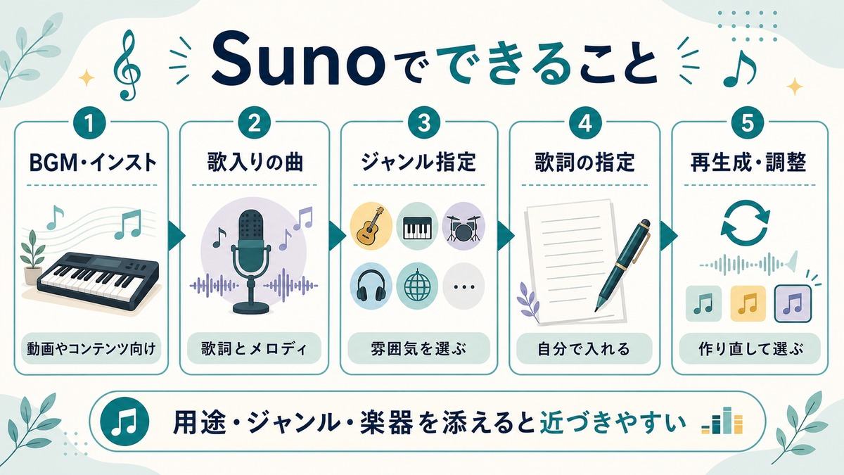 Suno初心者ガイド「Sunoでできること」として、BGM・インスト、歌入りの曲、ジャンル指定、歌詞の指定、再生成と調整をまとめた図解