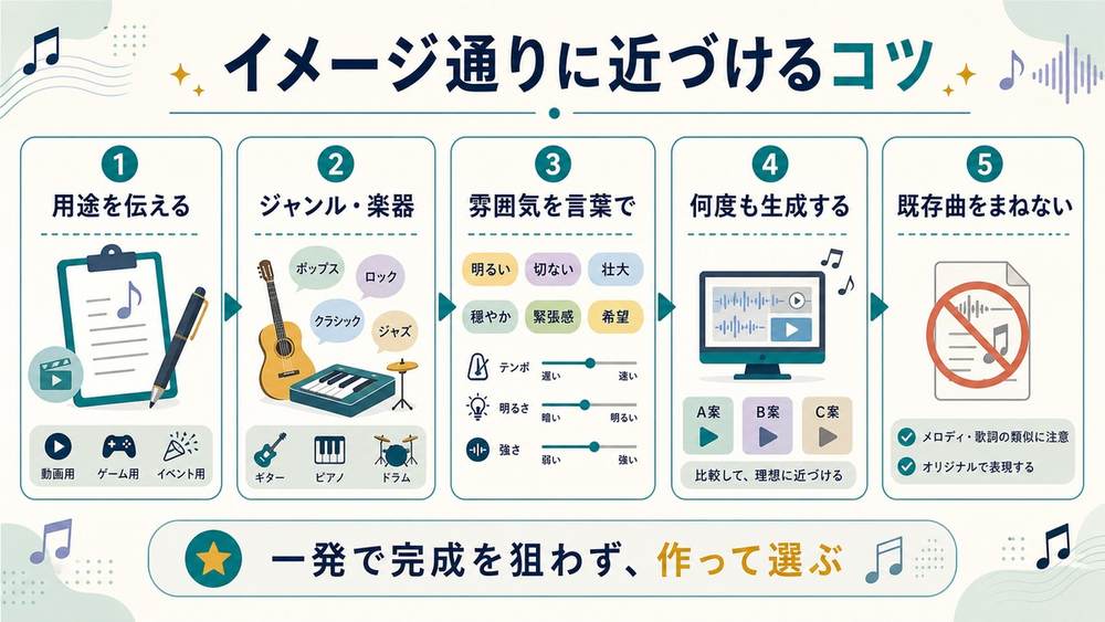 Suno初心者ガイド「イメージ通りに近づけるコツ」として、用途、ジャンルと楽器、雰囲気、何度も生成、既存曲をまねないことを示す図解