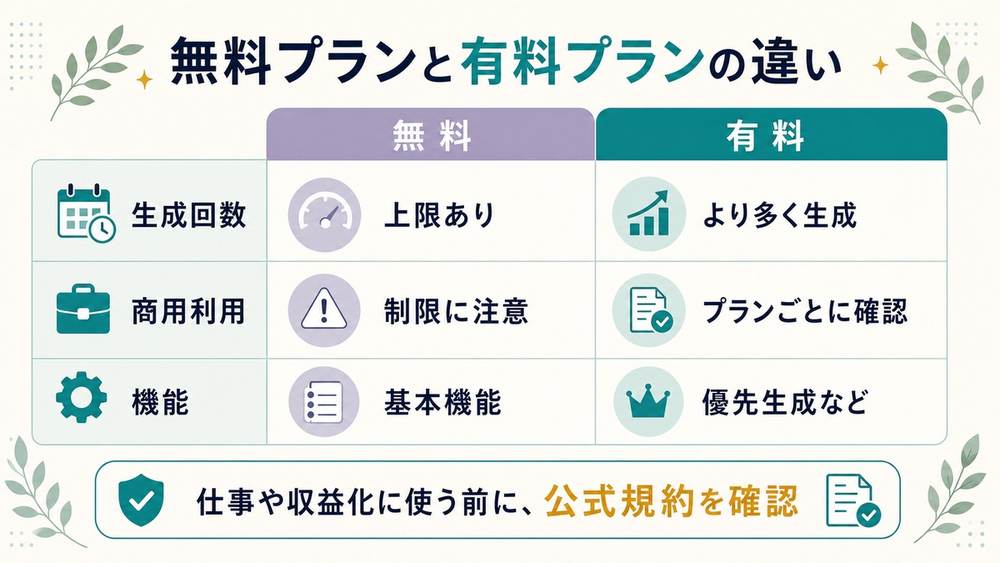 Suno初心者ガイド「無料プランと有料プランの違い」として、生成回数、商用利用、機能の違いと、仕事や収益化前の公式規約確認を示す比較図