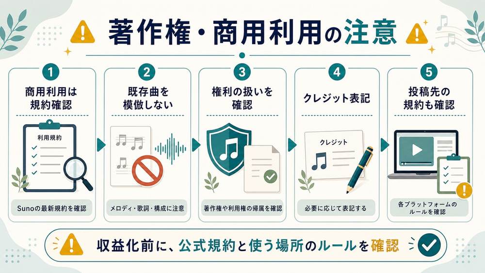 Suno初心者ガイド「著作権・商用利用の注意」として、商用利用は規約確認、既存曲を模倣しない、権利の扱い、クレジット表記、投稿先の規約確認を示す図解