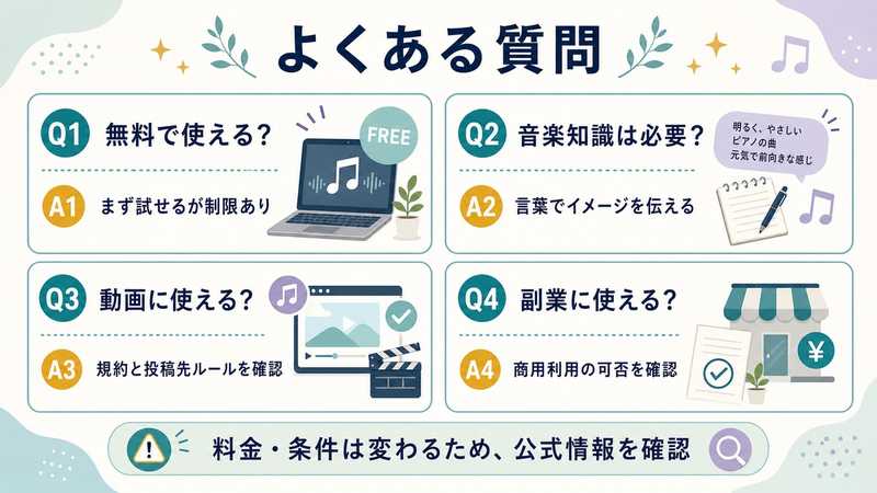 Suno初心者ガイド「よくある質問」として、無料で使えるか、音楽知識が必要か、動画に使えるか、副業に使えるかをまとめたFAQ図解