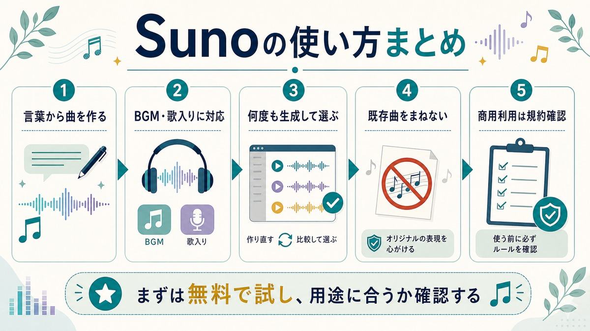 Suno初心者ガイド「Sunoの使い方まとめ」として、言葉から曲を作る、BGMと歌入りに対応、何度も生成して選ぶ、既存曲をまねない、商用利用は規約確認をまとめた図解