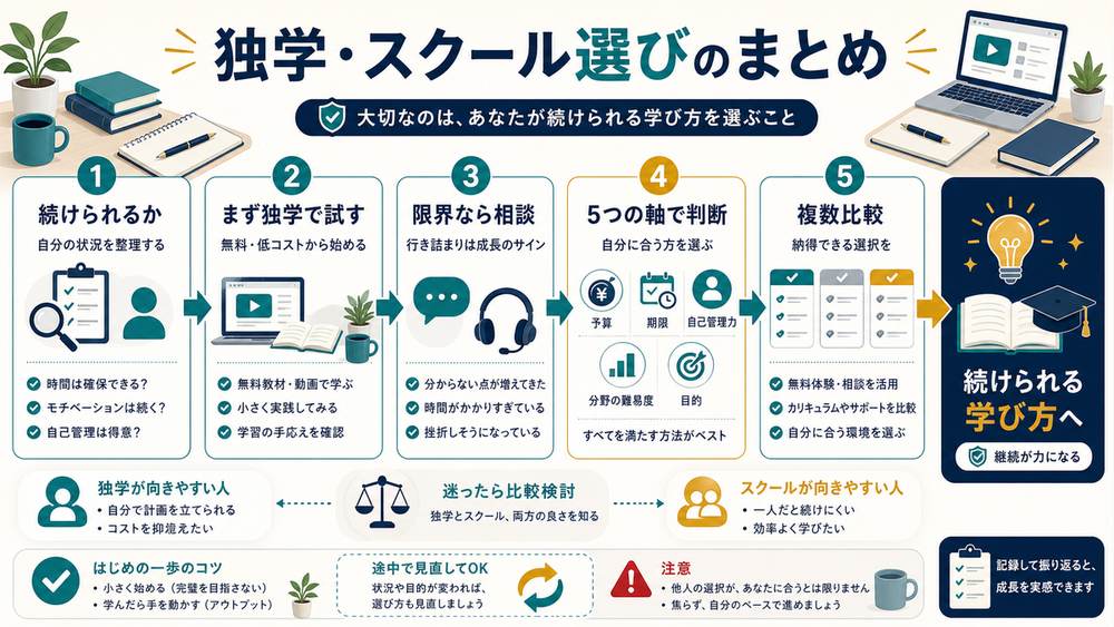 独学とスクール選びのまとめとして続けられるか、まず独学で試す、限界なら相談、5つの軸、複数比較を示す図解