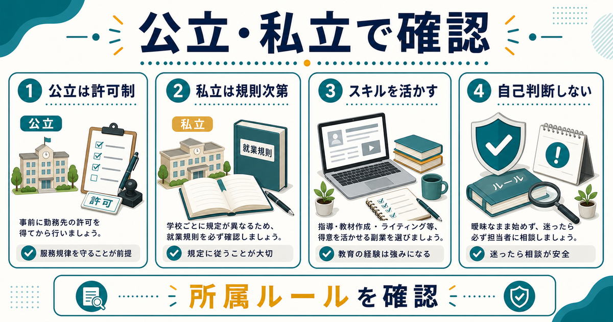 公立と私立の教員が副業前に確認するポイントの図解