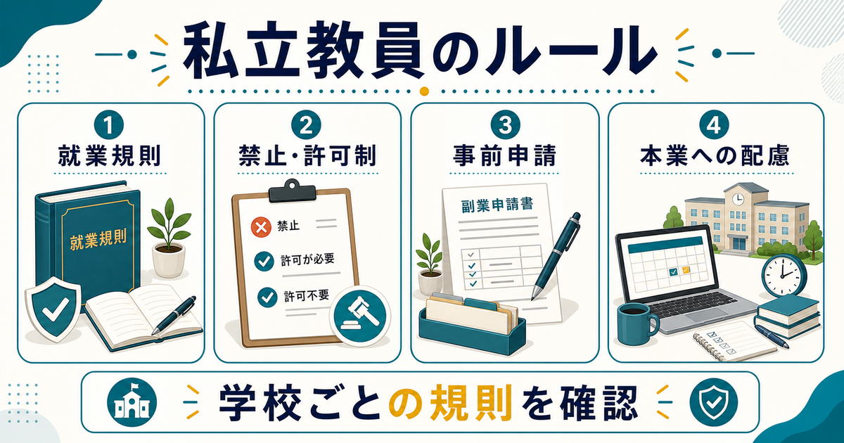 私立教員が副業前に就業規則や事前申請を確認する図解