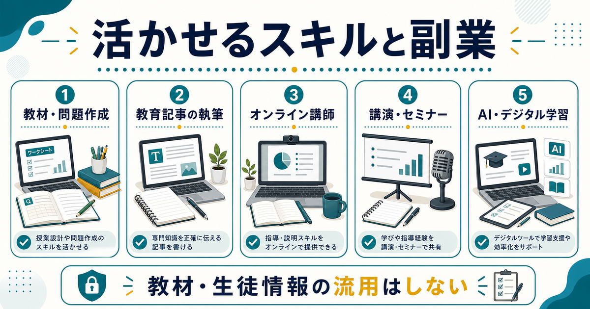 教員が活かせるスキルと副業候補をまとめた図解
