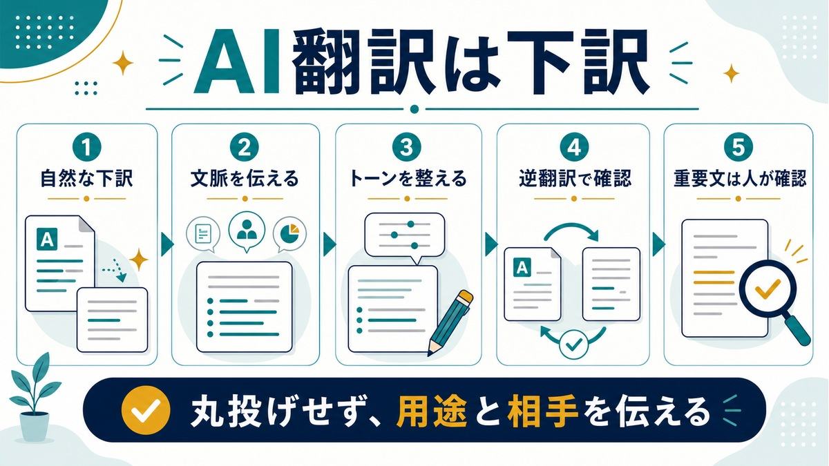 AI翻訳は下訳として使い、自然な下訳、文脈、トーン、逆翻訳、人の確認を示す図解