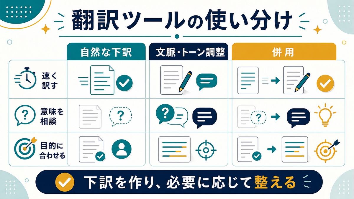 DeepLとChatGPTの使い分けとして、自然な下訳、文脈とトーン調整、併用の流れを示す比較図