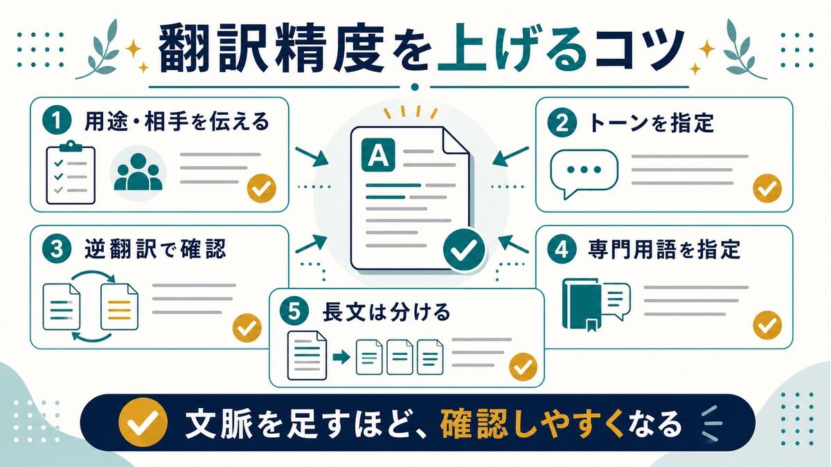 AI翻訳の精度を上げるコツとして、用途、相手、トーン、逆翻訳、専門用語、長文分割を示す図解