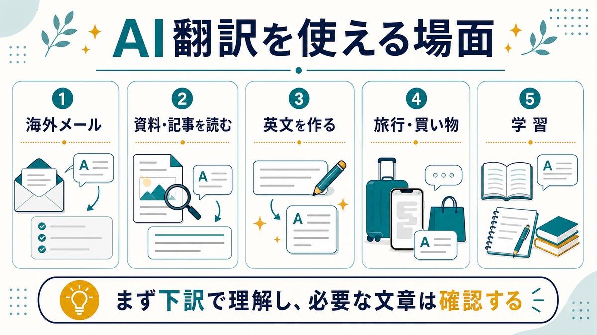 AI翻訳を使える場面として、海外メール、資料や記事、英文作成、旅行や買い物、学習を示す図解