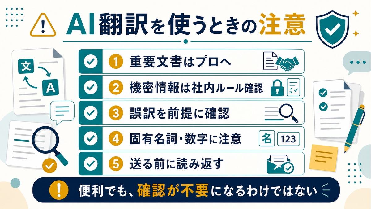 AI翻訳を使うときの注意として、重要文書はプロへ、機密情報は社内ルール確認、誤訳前提、固有名詞と数字、送信前確認を示す図解