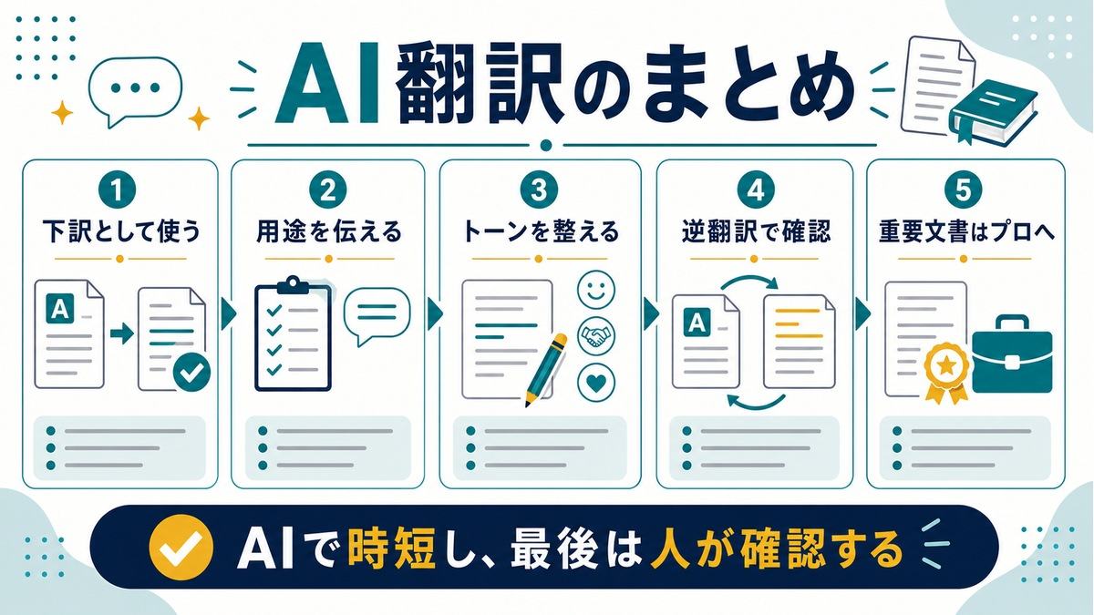 AI翻訳のまとめとして、下訳、用途指定、トーン調整、逆翻訳、重要文書はプロへ、最後は人が確認する流れを示す図解