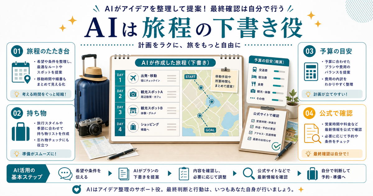 AIは旅行の旅程、持ち物、予算の目安を下書きする役割で、最新情報は公式で確認する必要があることを示す図解