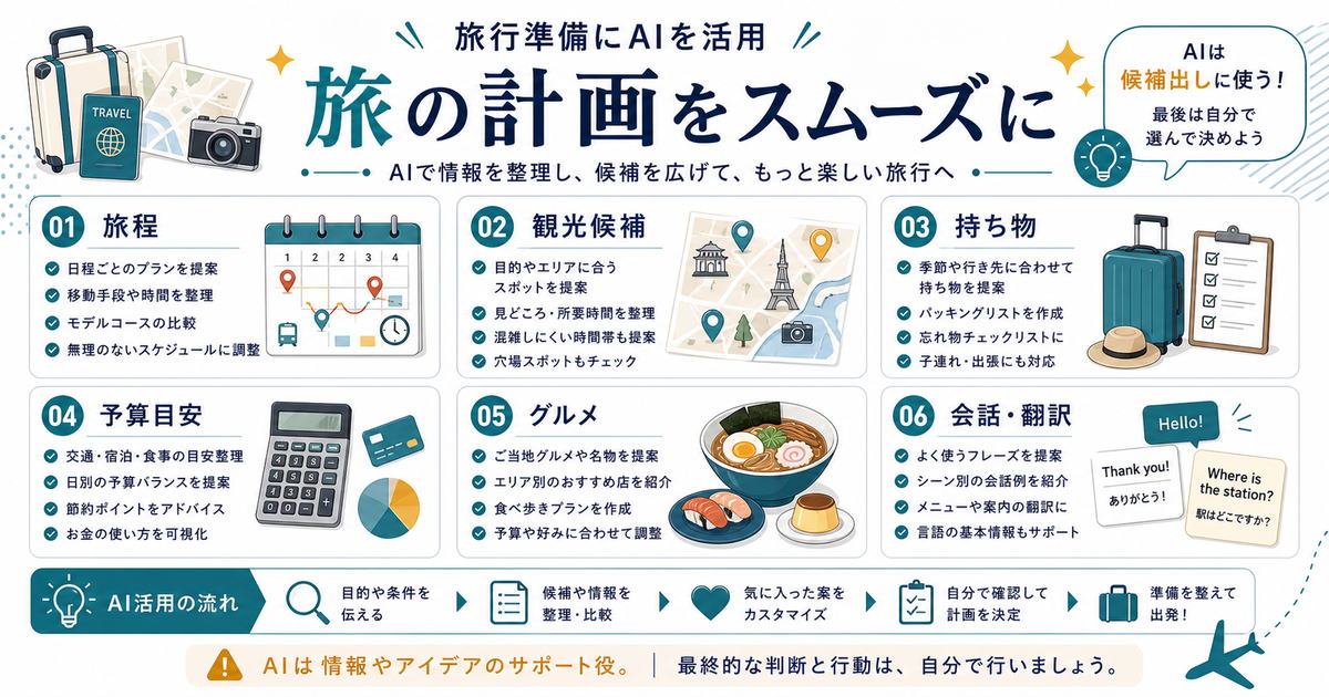 AIで時短できる旅行準備として旅程、観光候補、持ち物、予算目安、グルメ、会話や翻訳を示す図解