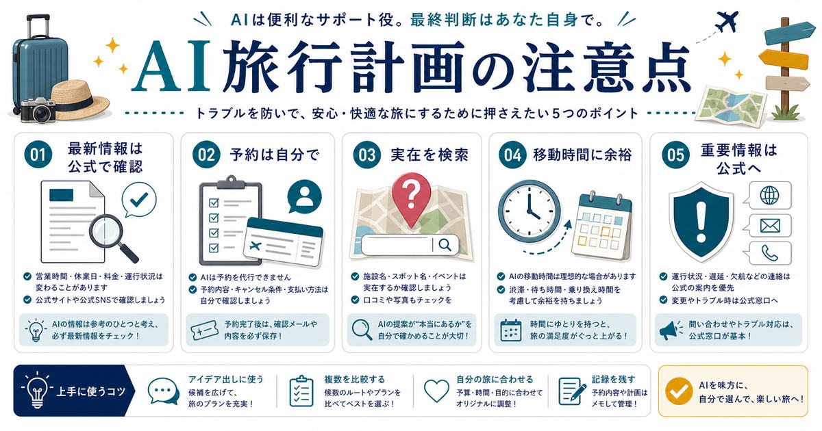 AI旅行計画では最新情報を公式で確認し、予約は自分で行い、実在確認と移動時間の余裕を持つ必要があると示す図解
