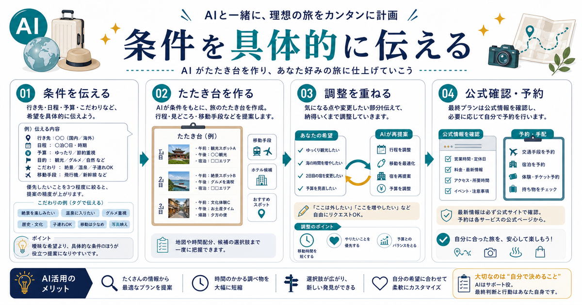 AIで旅行計画を作るコツとして条件を伝え、たたき台を作り、調整を重ね、公式確認と予約を自分で行う流れを示す図解
