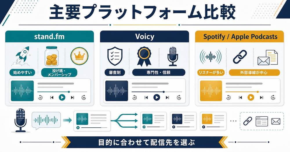 stand.fmとVoicyとSpotifyとApple Podcastsを始めやすさ審査制リスナー数外部導線で比較する図解