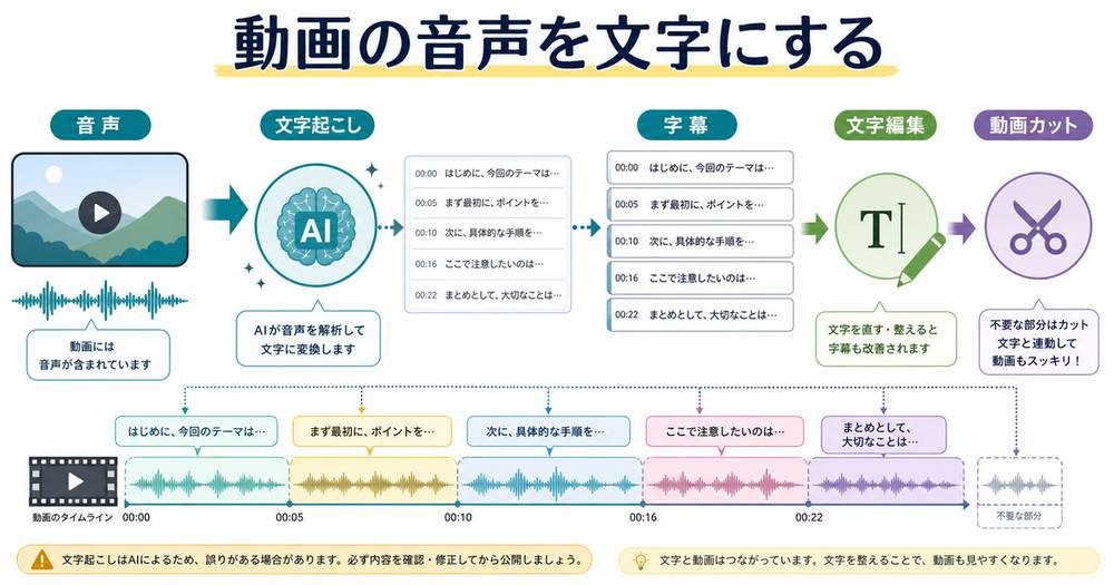動画の音声をAIで文字起こしし、字幕や文字編集から動画カットにつなげる流れを示す図解
