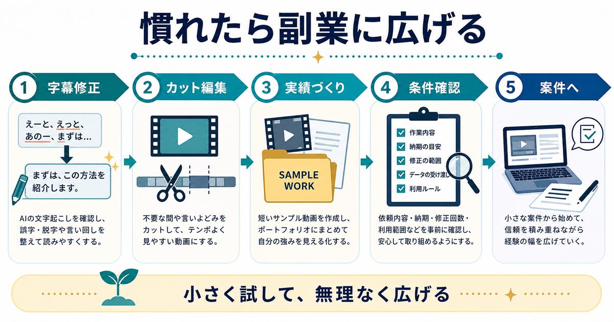 Vrewに慣れたら字幕修正、カット編集、実績づくり、条件確認、案件へと副業に広げる流れを示す図解
