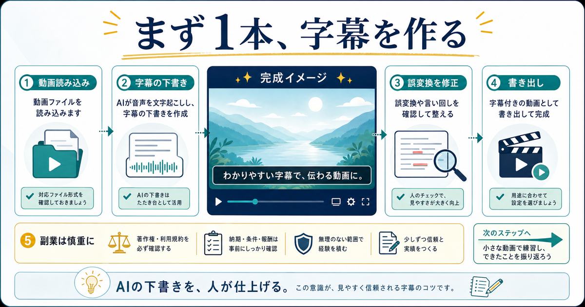 Vrew入門のまとめとして動画読み込み、字幕の下書き、誤変換修正、書き出し、副業は慎重に進める流れを示す図解