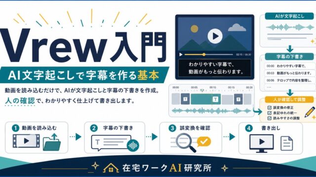 Vrew入門としてAI文字起こし、字幕の下書き、誤変換確認、書き出しの基本を示す図解