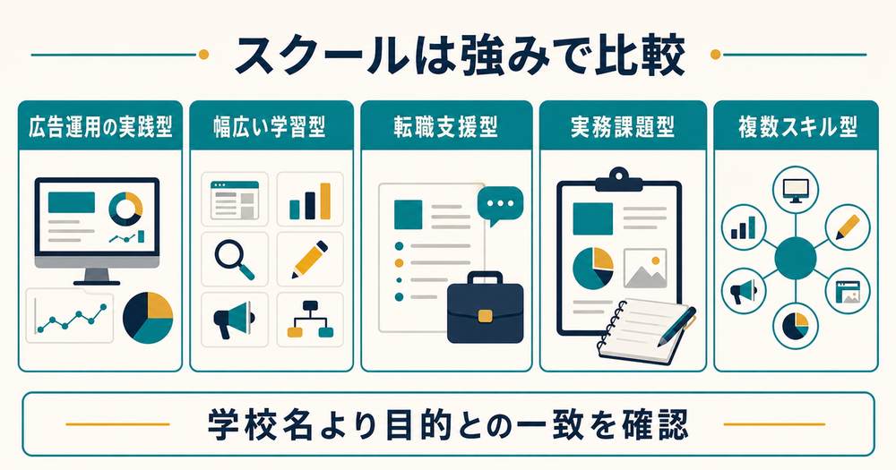 Webマーケスクールを広告実践型と幅広い学習型と転職支援型と実務課題型と複数スキル型で比べる図解