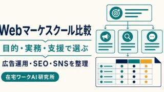 目的と実務課題と支援内容でWebマーケティングスクールを比較する記事のアイキャッチ