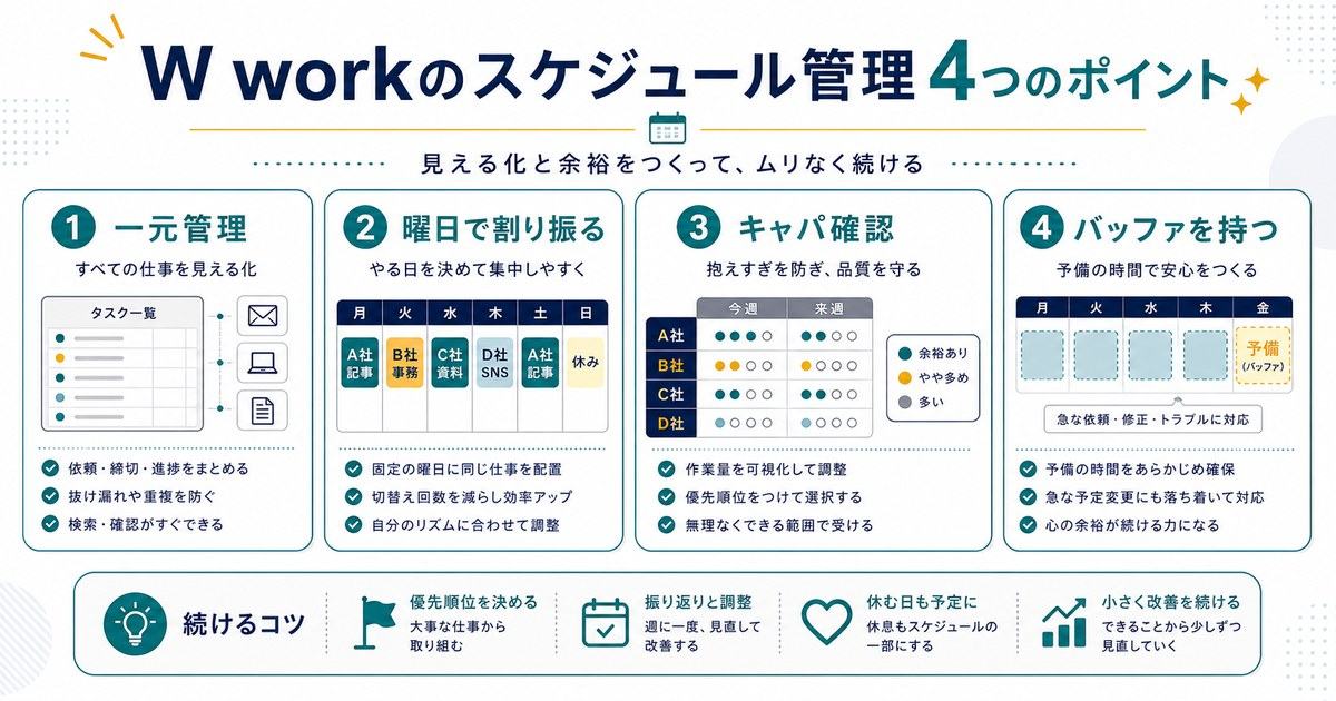 Wワークのスケジュール管理として一元管理、曜日で割り振る、キャパ確認、バッファを持つことを示す図解