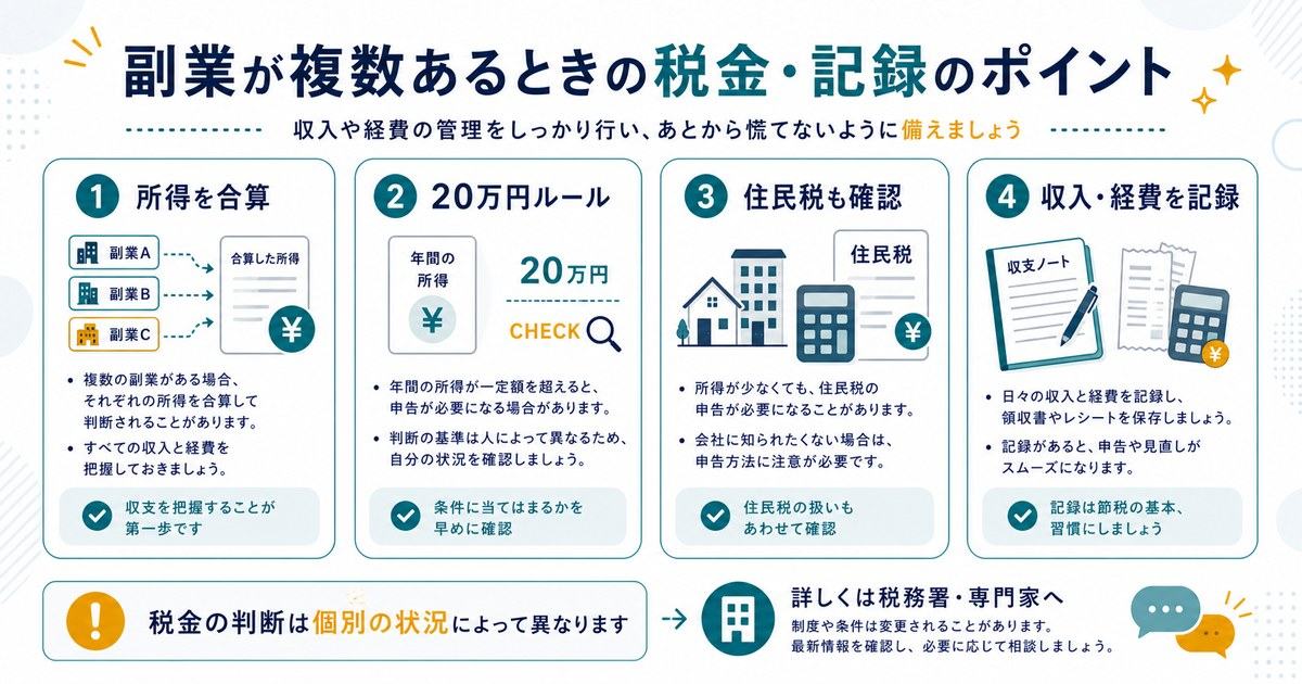 副業が複数あるときの税金と記録のポイントとして所得合算、20万円ルール、住民税確認、収入経費の記録を示す図解