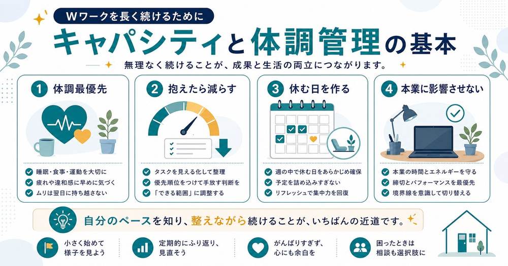 Wワークで体調とキャパを管理するために体調最優先、抱えたら減らす、休む日を作る、本業に影響させないことを示す図解