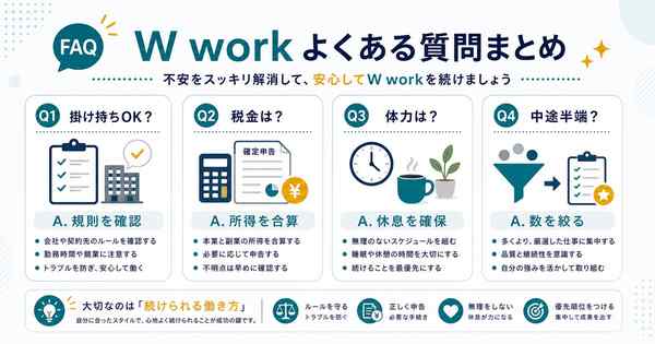 WワークのFAQとして掛け持ち可否、税金、体力、中途半端になる不安への答えをまとめた図解