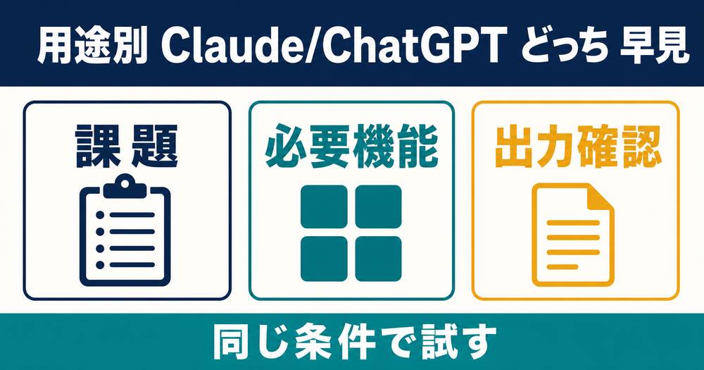 課題、必要機能、出力確認を整理し、ClaudeとChatGPTを同じ条件で試して選ぶ早見図