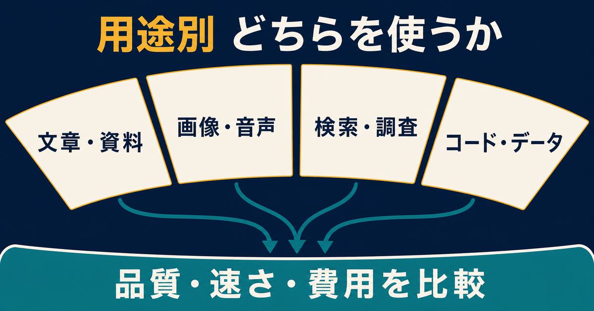 文章と資料、画像と音声、検索と調査、コードとデータの用途ごとに品質、速さ、費用を比較する図