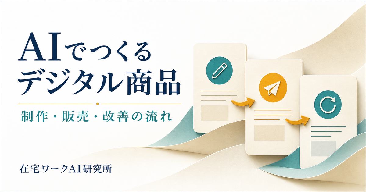 AIでデジタル商品を制作・販売・改善する流れを示すアイキャッチ