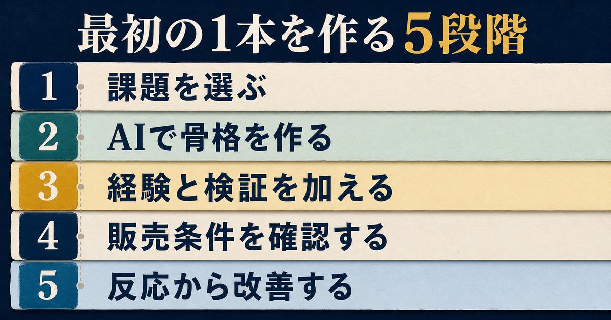 課題を選ぶ・AIで骨格を作る・経験と検証を加える・販売条件を確認する・反応から改善するという5工程の図