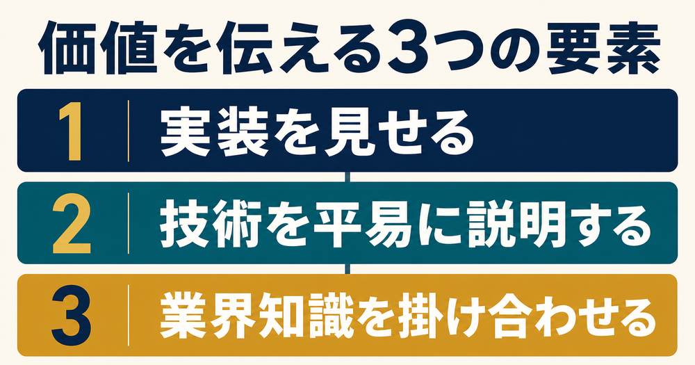 実装を見せる・技術を平易に説明する・業界知識を掛け合わせるというエンジニア副業の3つの強みを示す図