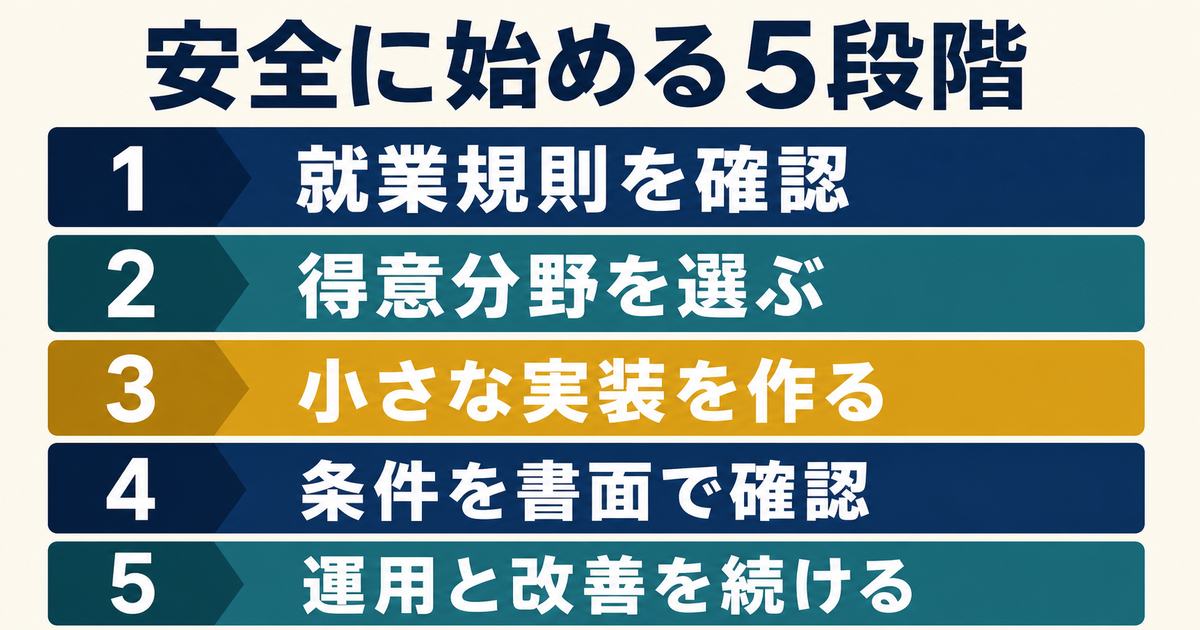 就業規則確認・得意分野選定・小さな実装・条件の書面確認・運用改善というエンジニア副業を安全に始める5段階を示す図