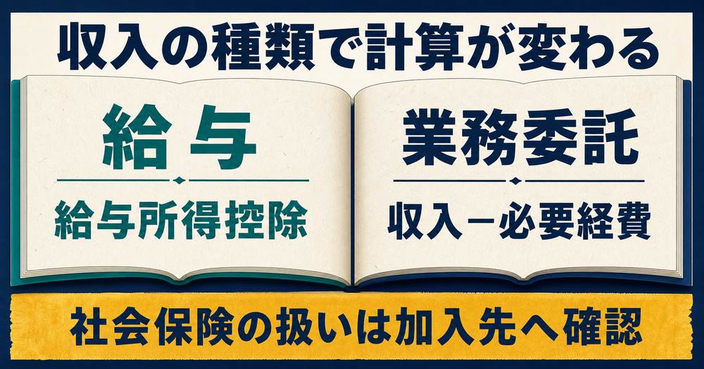 給与と業務委託では所得の計算方法が異なることを示す比較図