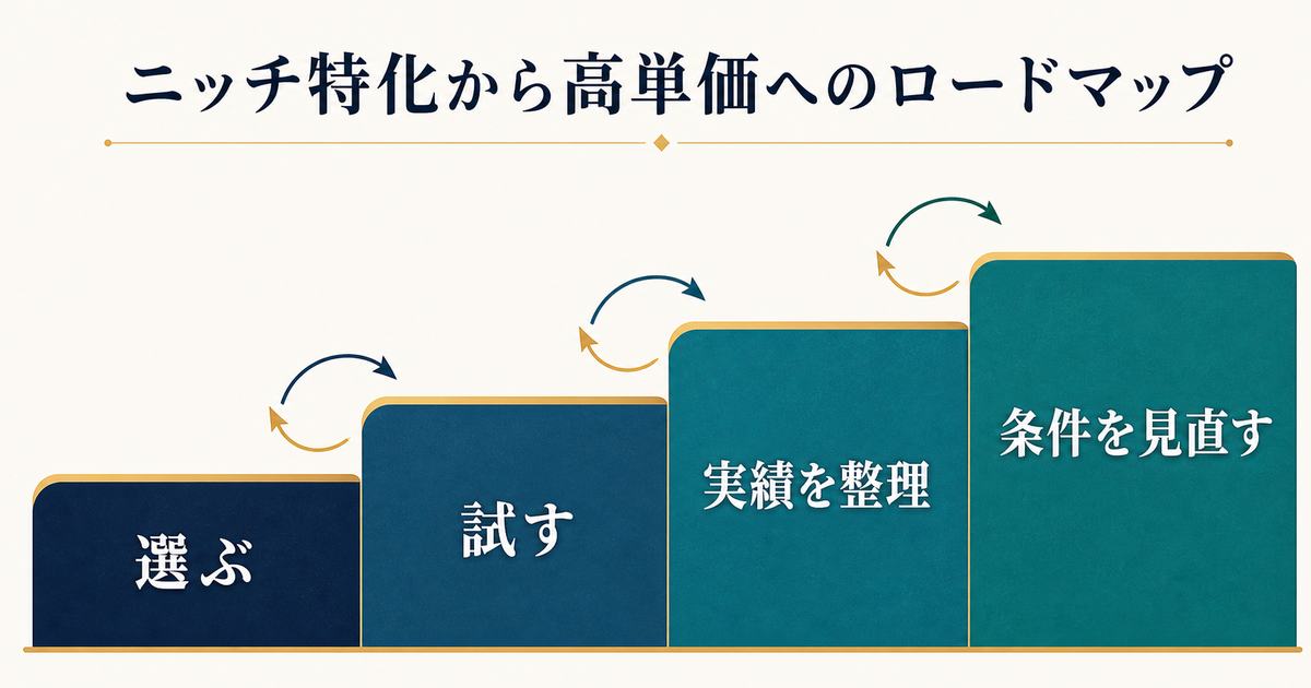 ニッチを選び、小さく試し、実績を整理して条件を見直すロードマップを示す図