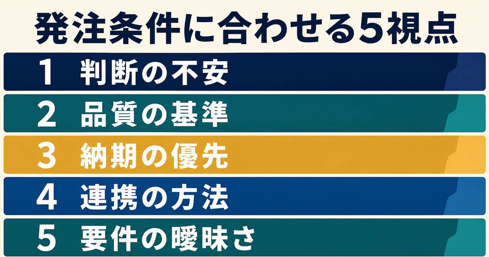 判断の不安・品質基準・納期の優先・連携方法・要件の曖昧さという発注条件に合わせて提案を調整する5視点を示す図