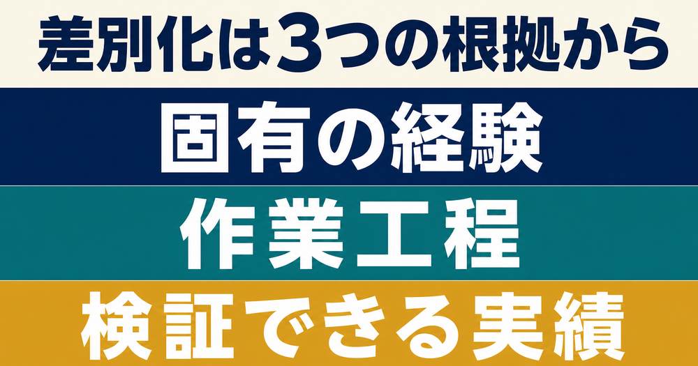 固有の経験・作業工程・検証できる実績という差別化を言語化する3つの根拠を示す図