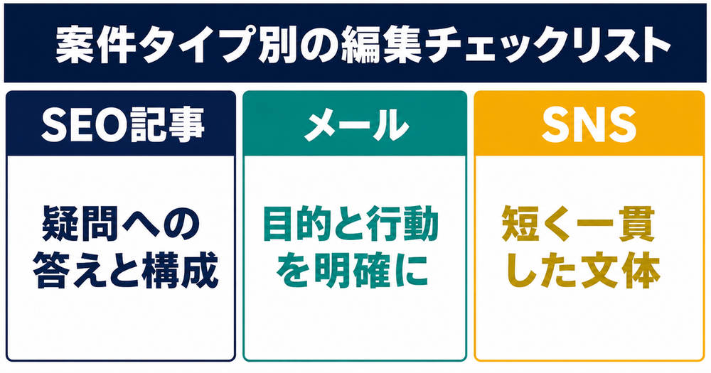 SEO記事・メール・SNSの編集確認点を比べる図