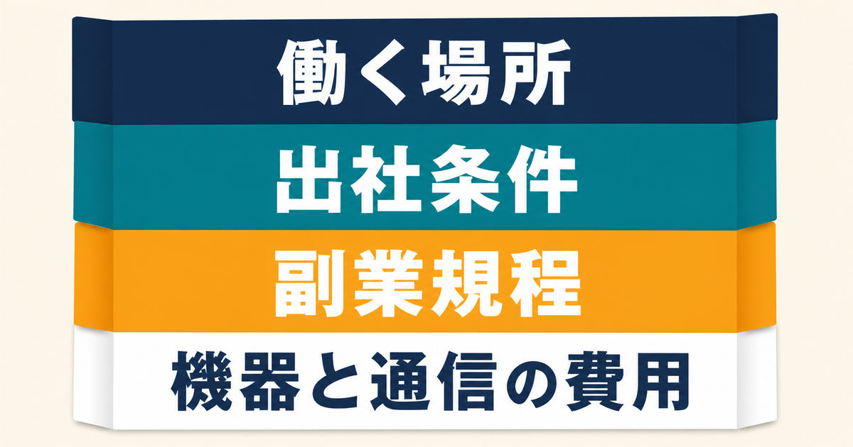 内定後に働く場所・出社条件・副業規程・費用負担を書面確認する図