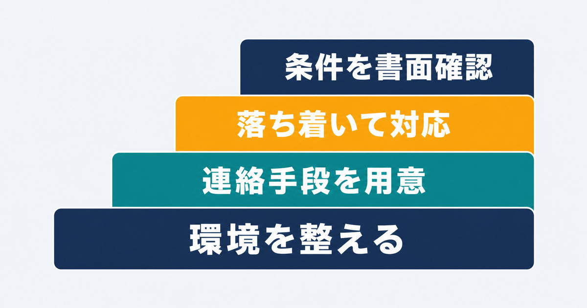 オンライン面接準備を環境・連絡・対応・条件確認の順にまとめた図