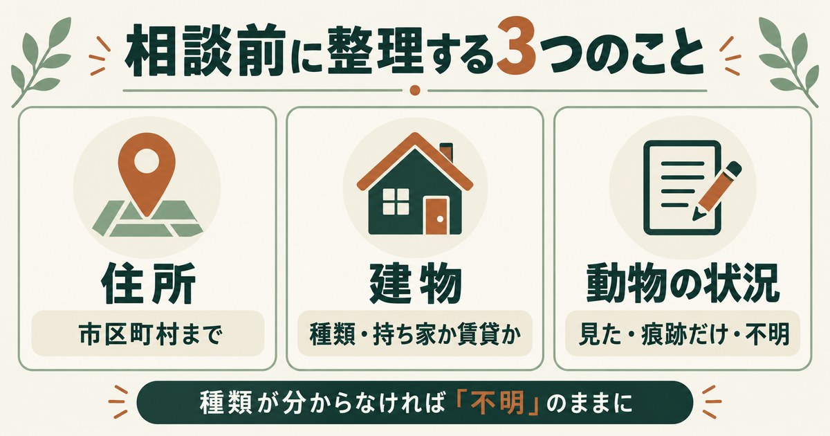相談前に整理する3つのこと:住所(市区町村まで)、建物(種類・持ち家か賃貸か)、動物の状況(見た・痕跡だけ・不明)