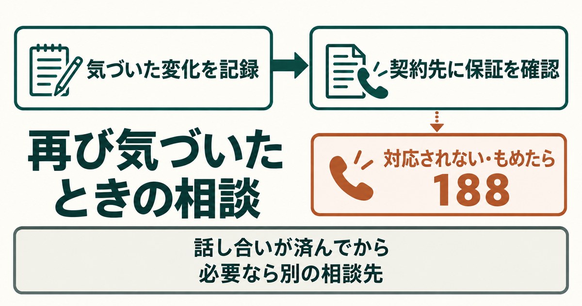 再び気づいたときの相談の順番:気づいた変化を記録する、契約先に保証を確認する、対応されない・もめたときは188、話し合いが済んでから必要なら別の相談先