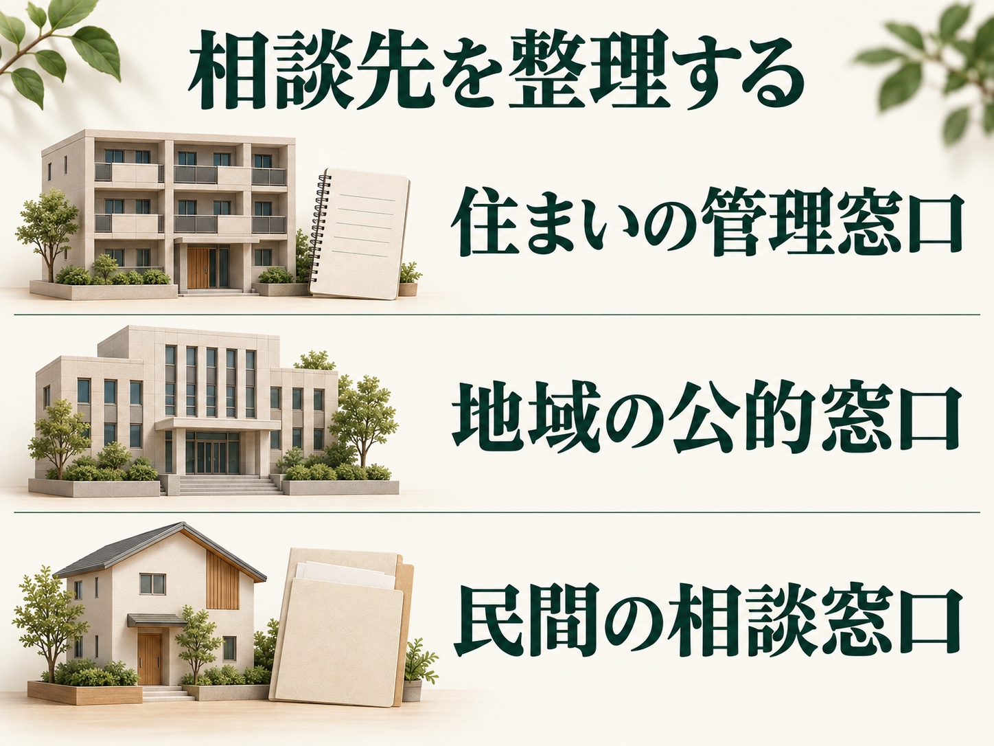 相談先の3つの区分:住まいの管理窓口、地域の公的窓口、民間の相談窓口