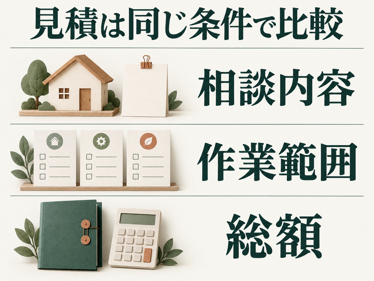 見積で揃える3項目：相談内容、作業範囲、総額