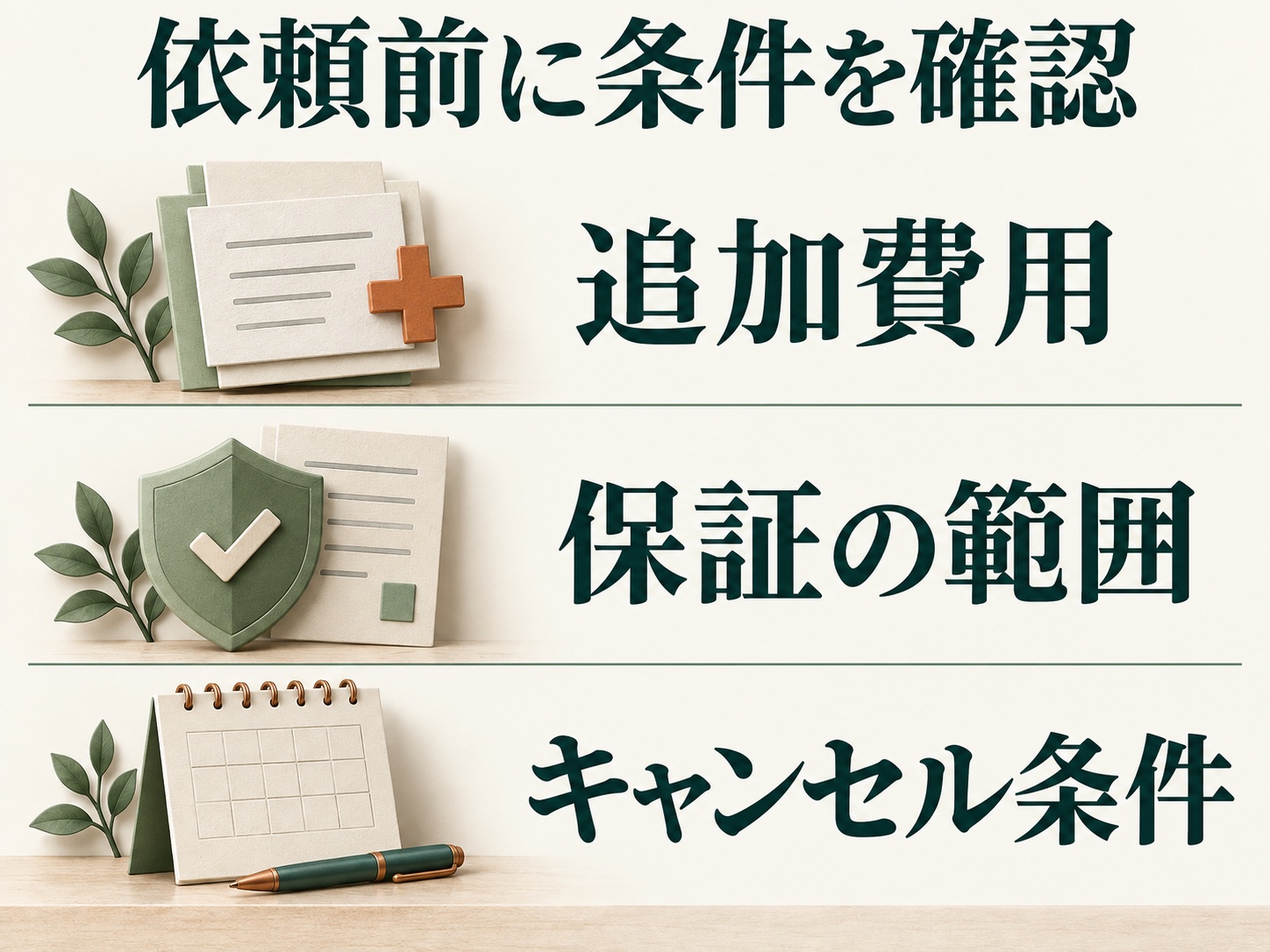 依頼前に確認する3項目：追加費用、保証の範囲、キャンセル条件